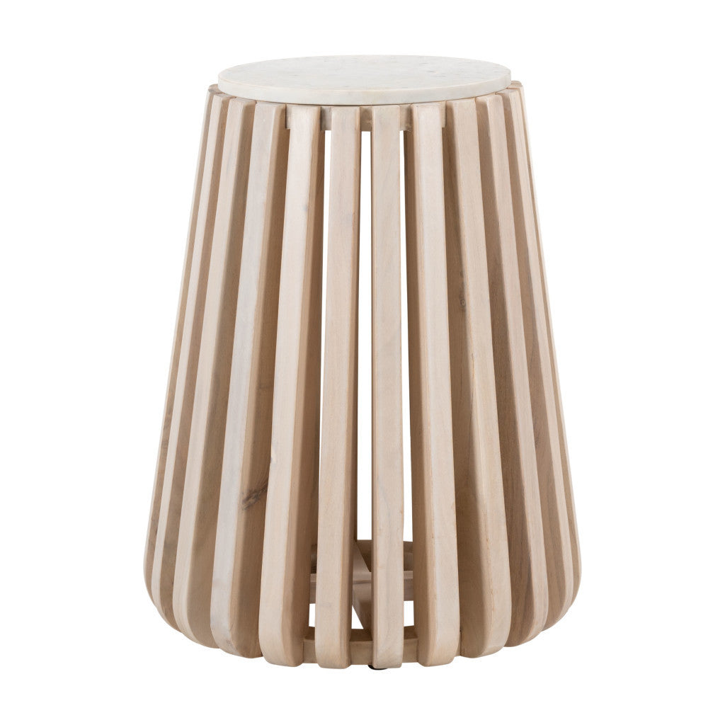 23" White and Natural Distressed Marble and Wood Round Drum End Table-2