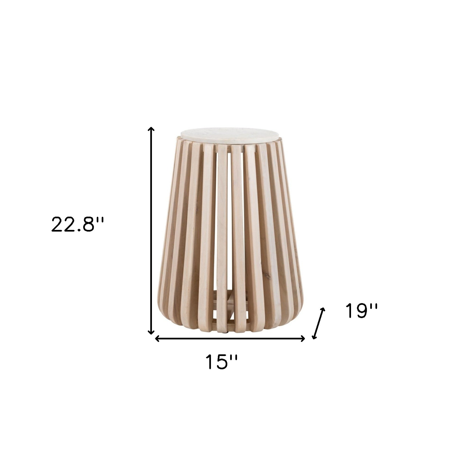 23" White and Natural Distressed Marble and Wood Round Drum End Table-7