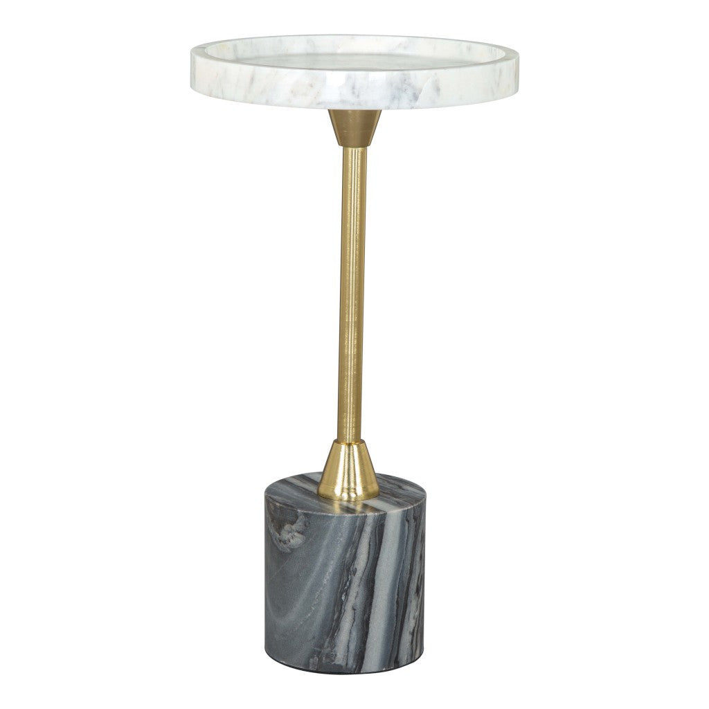 22" Gold Gray And White Marble And Iron Round Pedestal End Table-1