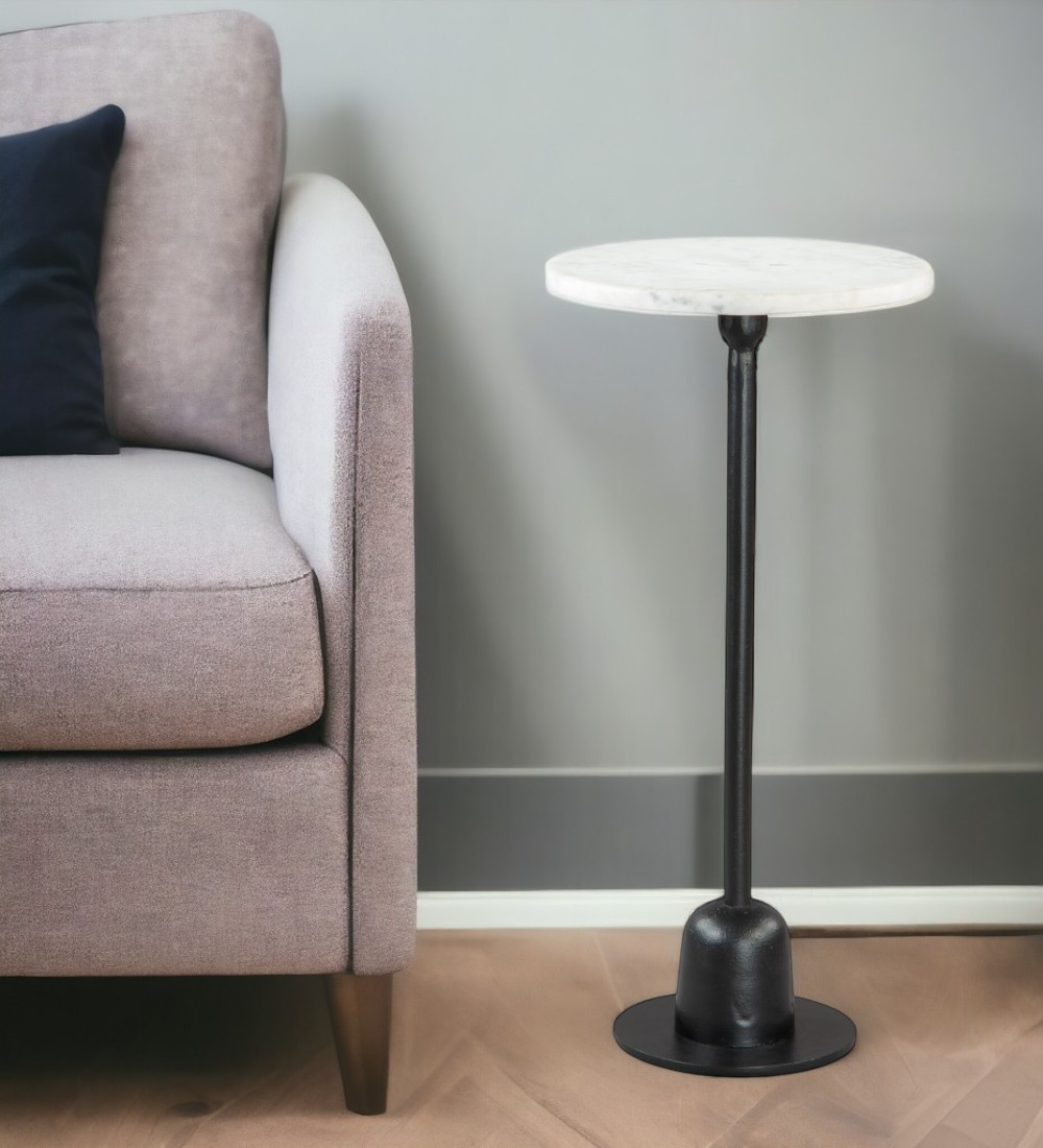 25" White And Black Marble And Aluminum Round Pedestal End Table-1
