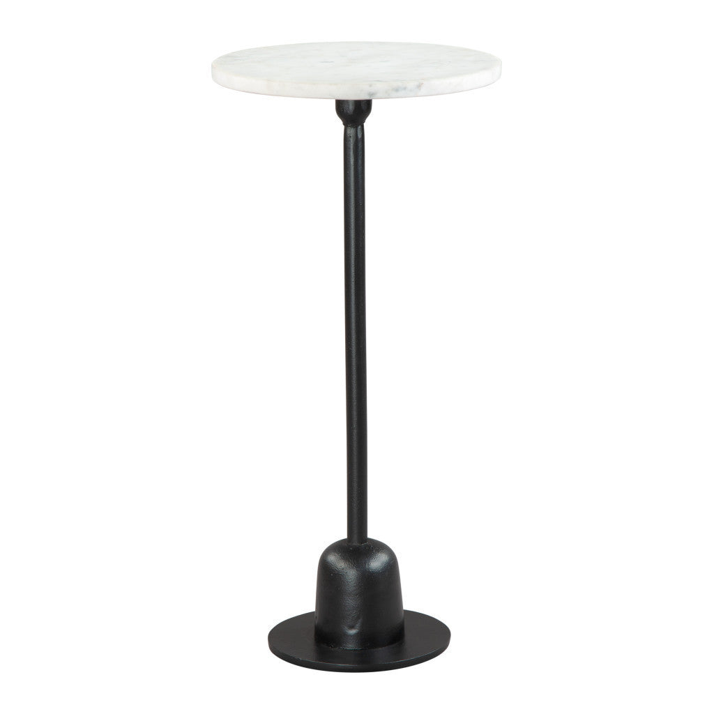 25" White And Black Marble And Aluminum Round Pedestal End Table-6