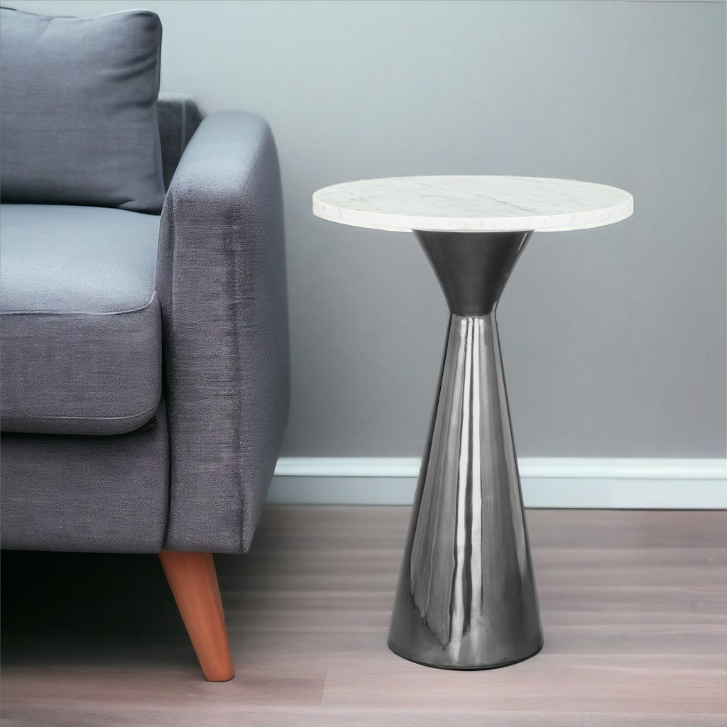 23" White And Black Marble And Steel Round Pedestal End Table-1