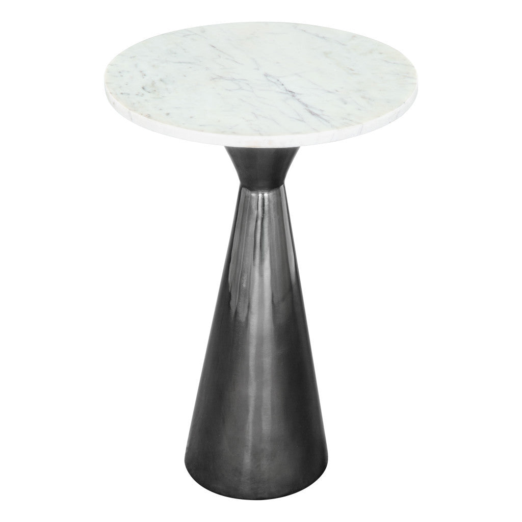 23" White And Black Marble And Steel Round Pedestal End Table-2