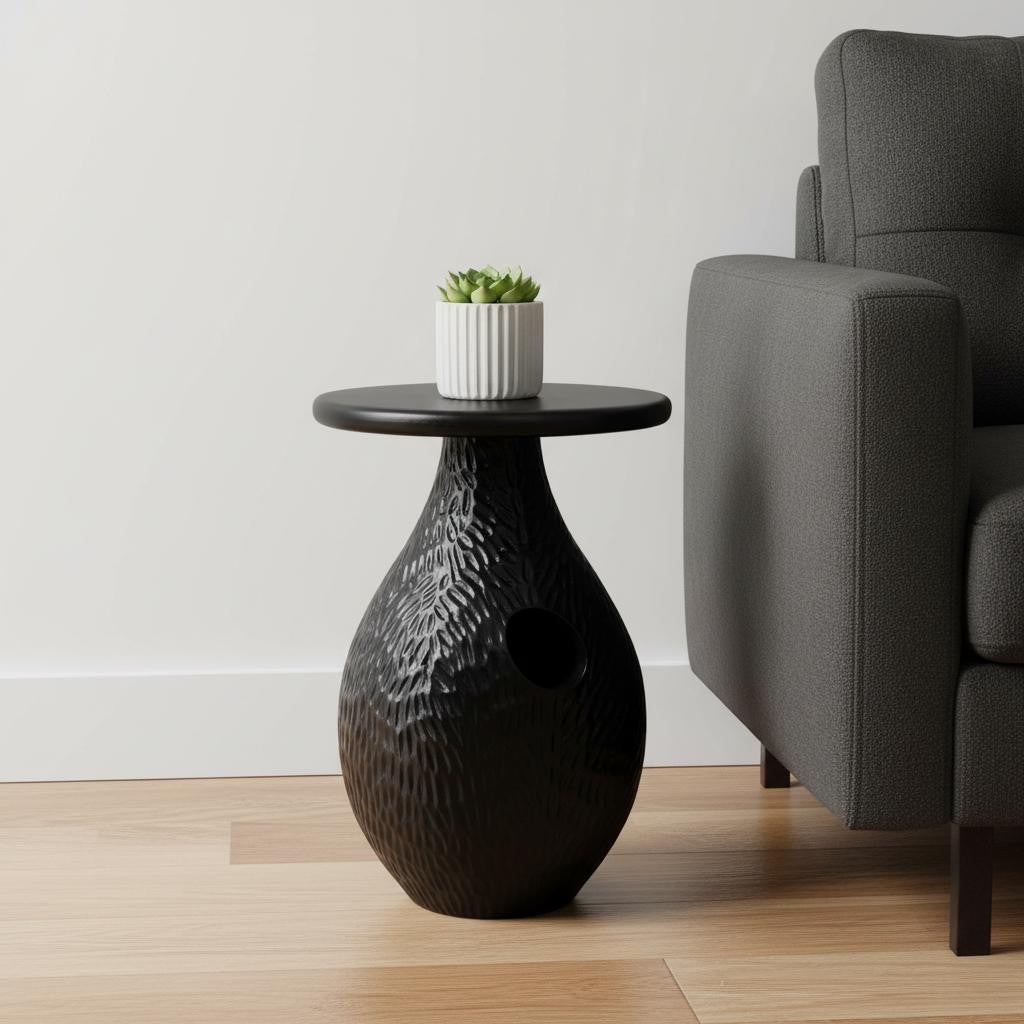 20" Black Solid Wood Round Pedestal End Table-0