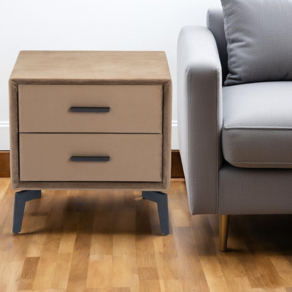 20" Brown and Black Velvet Wood and Steel End Table With Two Drawers-1