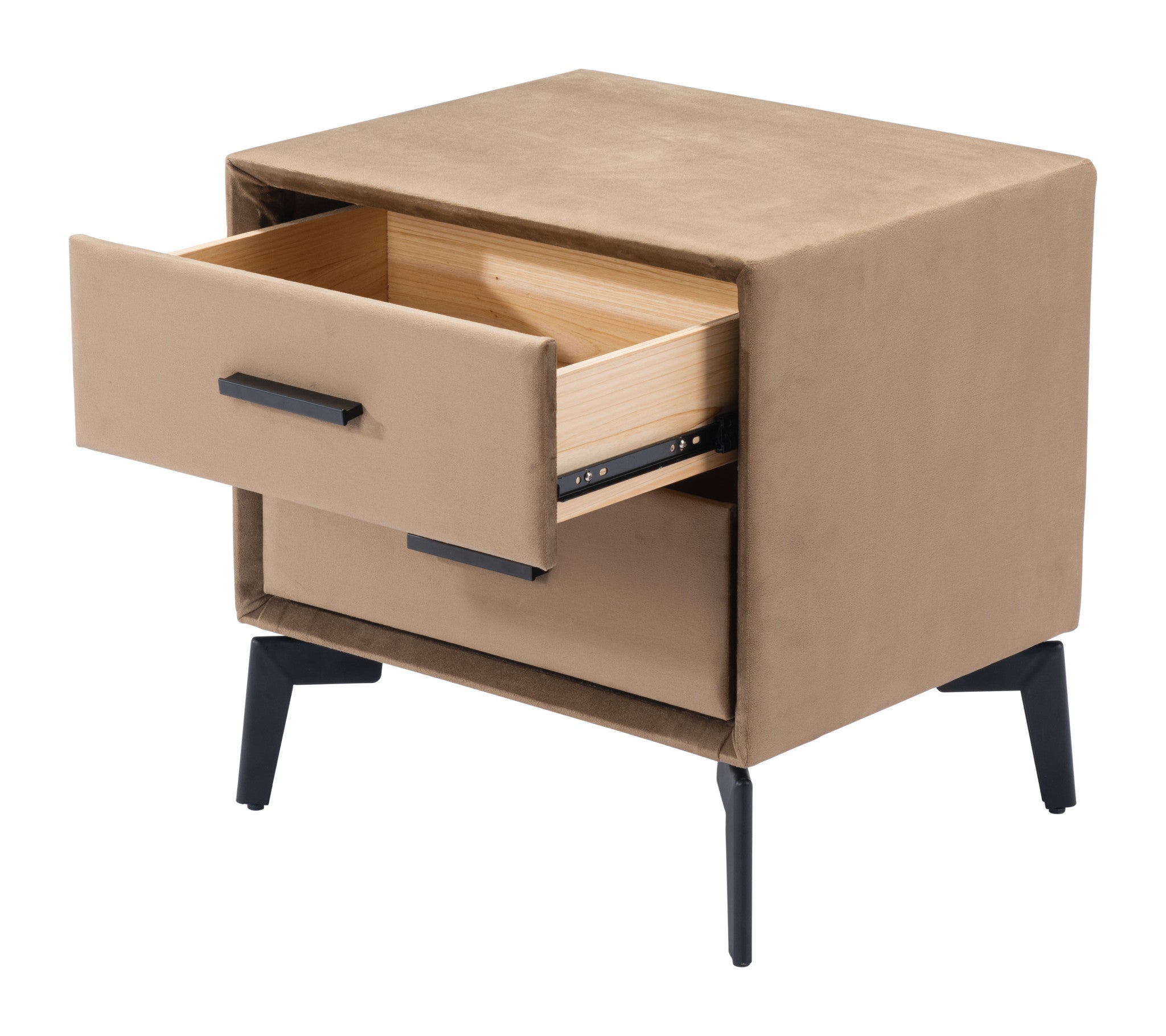 20" Brown and Black Velvet Wood and Steel End Table With Two Drawers-5