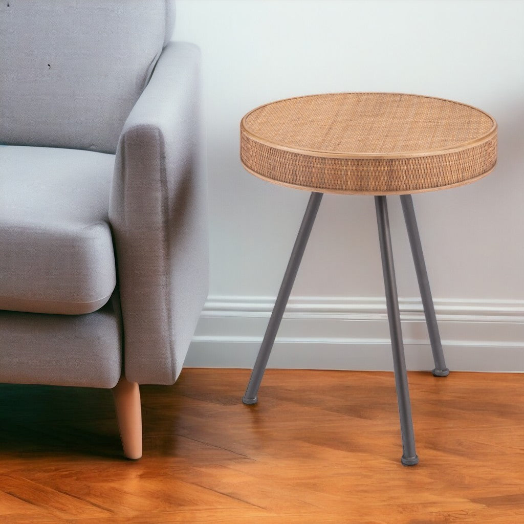 23" Natural and Gray Rattan and Steel Round End Table-1