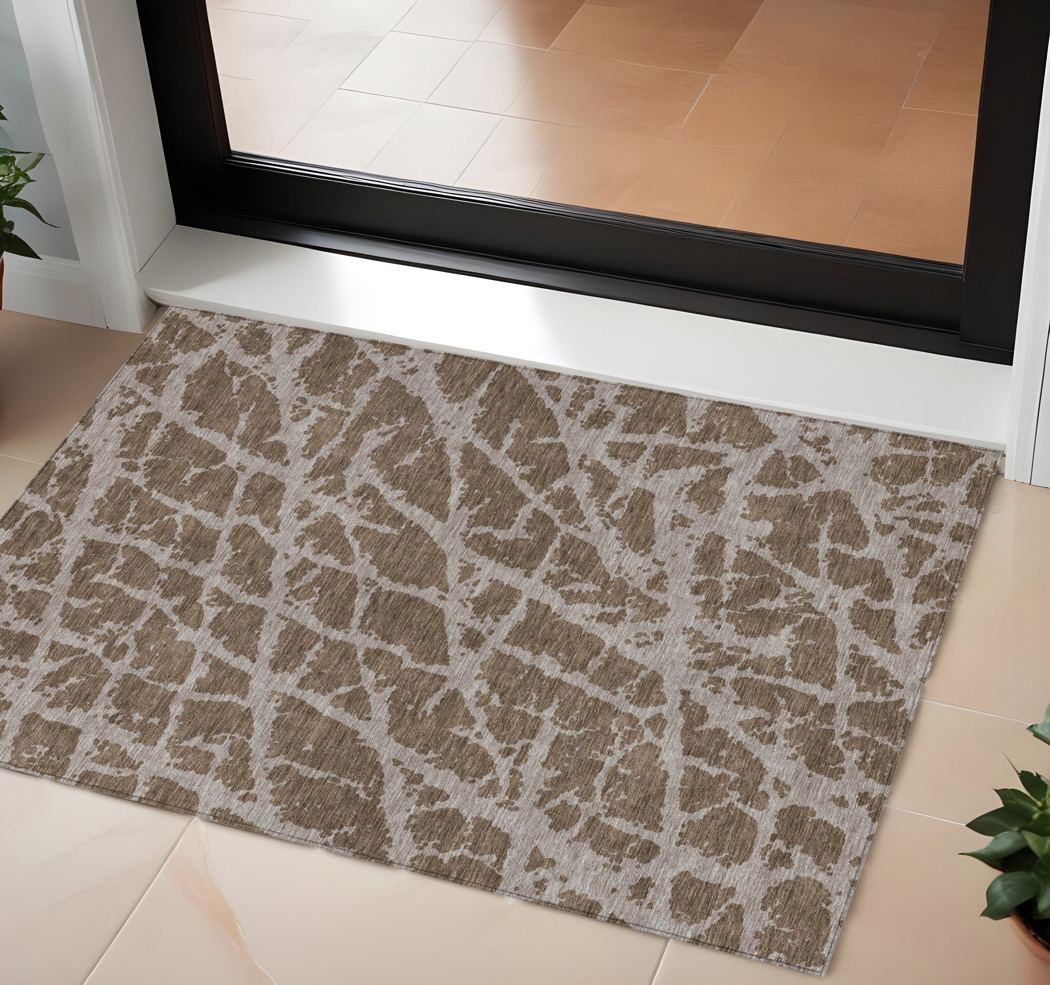 2' X 3' Brown Abstract Washable Non Skid Indoor Outdoor Area Rug-0