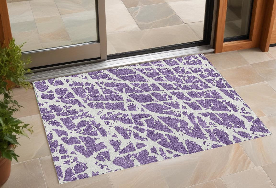 3' X 5' Purple and White Abstract Washable Non Skid Indoor Outdoor Area Rug-0