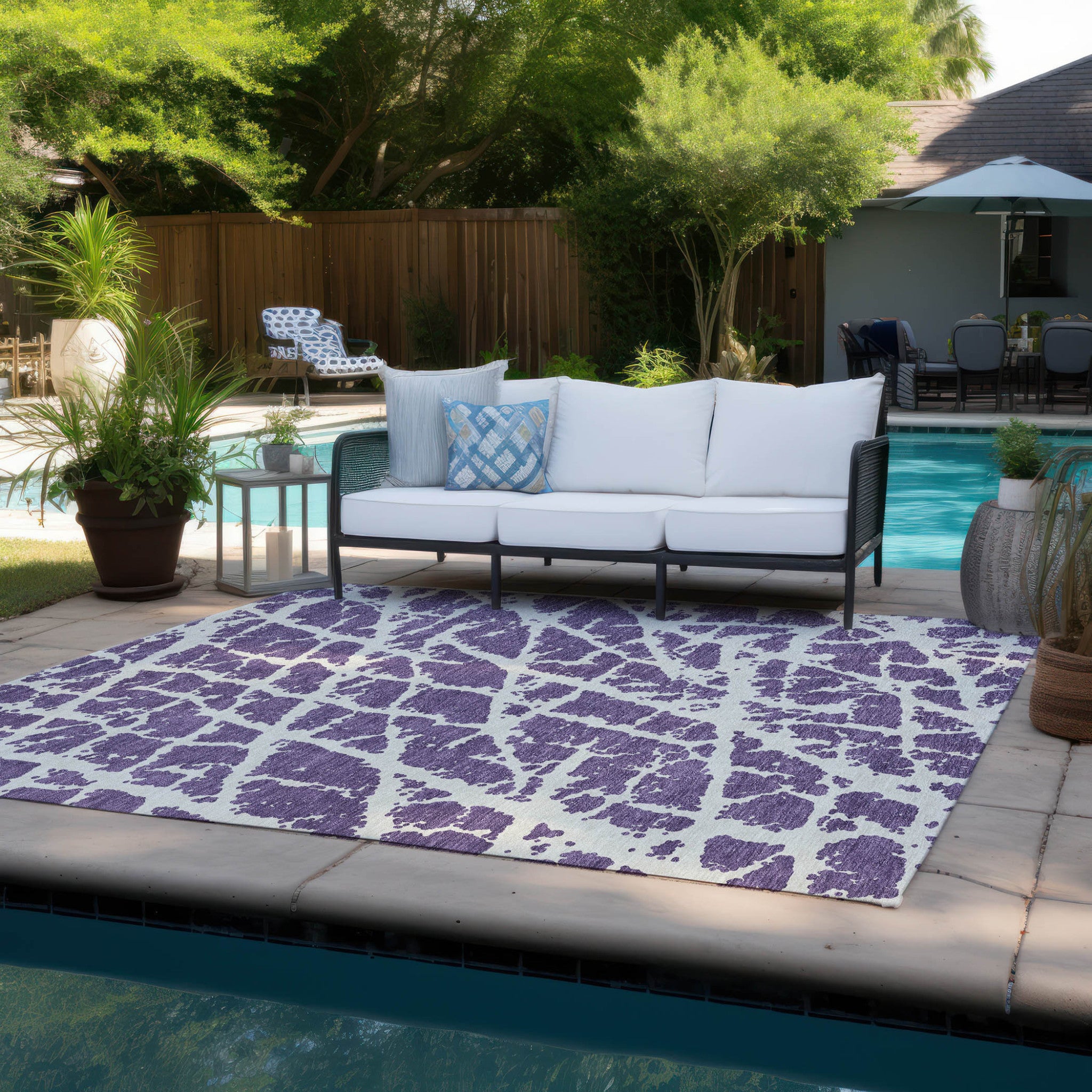 3' X 5' Purple and White Abstract Washable Non Skid Indoor Outdoor Area Rug-7