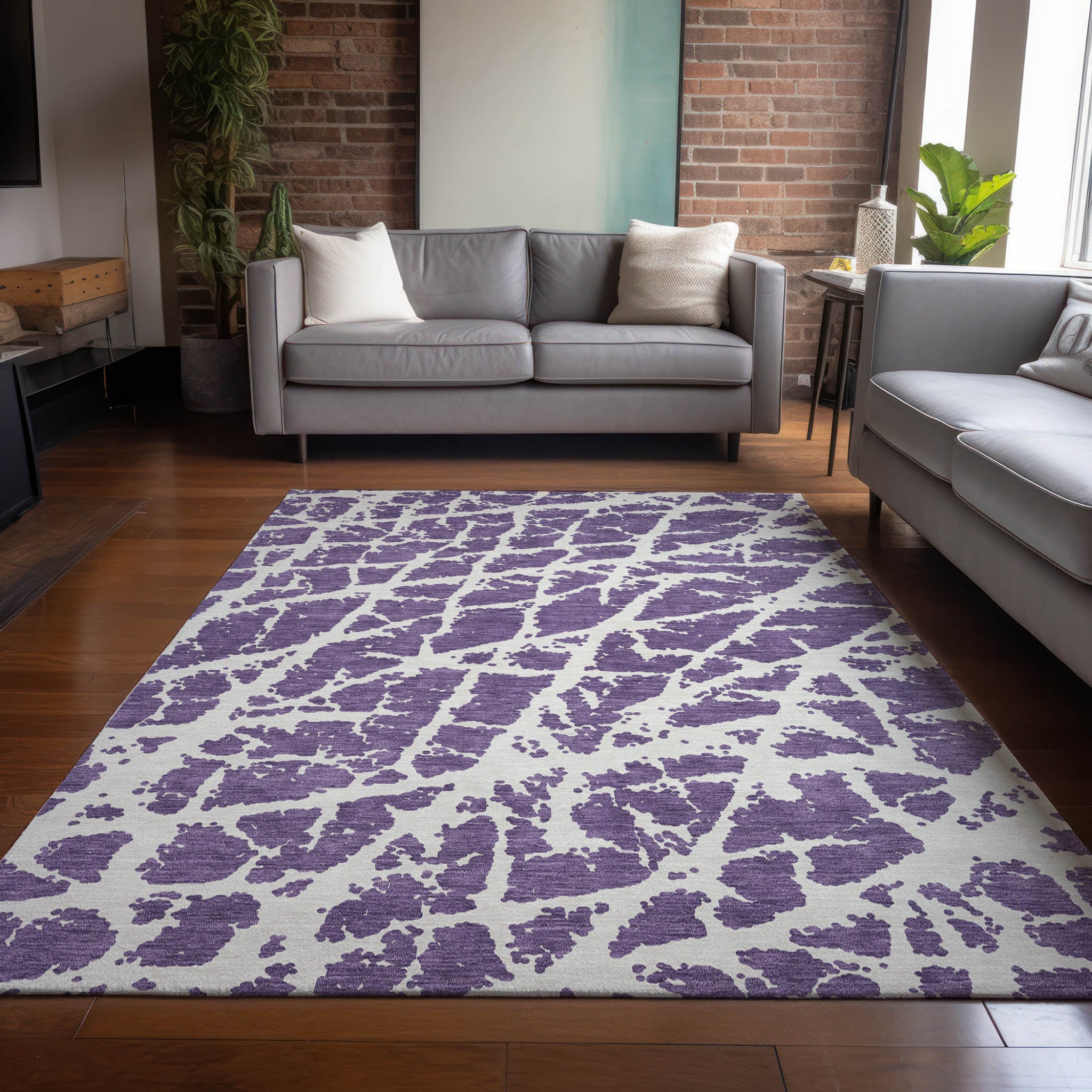 3' X 5' Purple and White Abstract Washable Non Skid Indoor Outdoor Area Rug-8