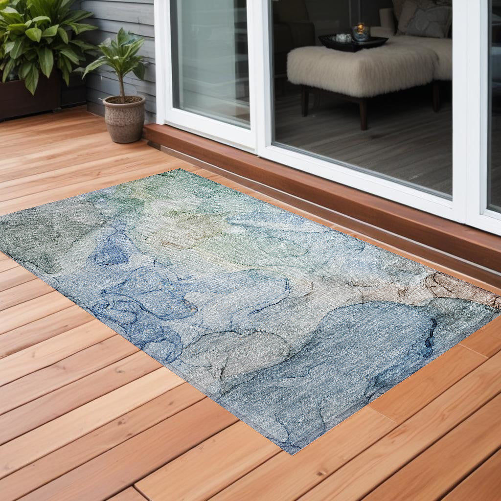 2' X 3' Blue Abstract Washable Non Skid Indoor Outdoor Area Rug-0
