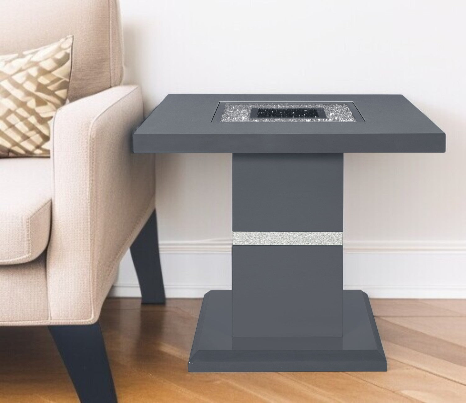 24" Dark Gray and Silver Faux Crystals Glass and Wood Square Pedestal End Table-0