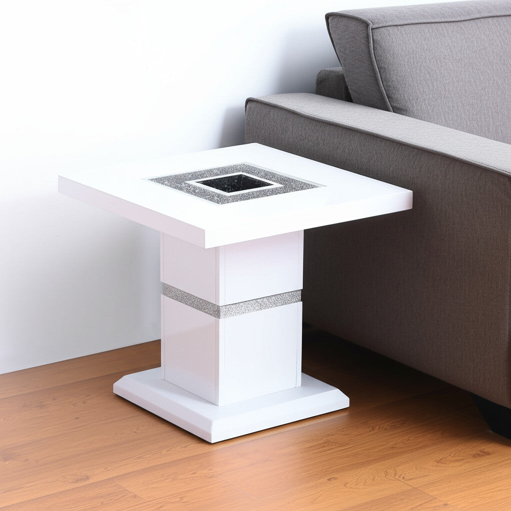 24" White and Silver Glass and Wood Faux Crystal Bling Square Pedestal End Table-0