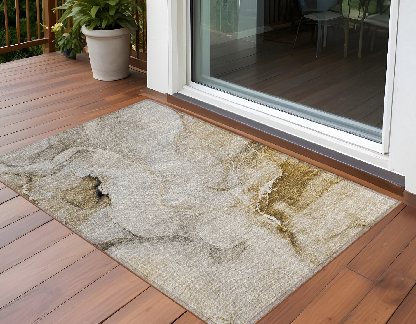 2' X 3' Beige and Brown Abstract Washable Indoor Outdoor Area Rug-0