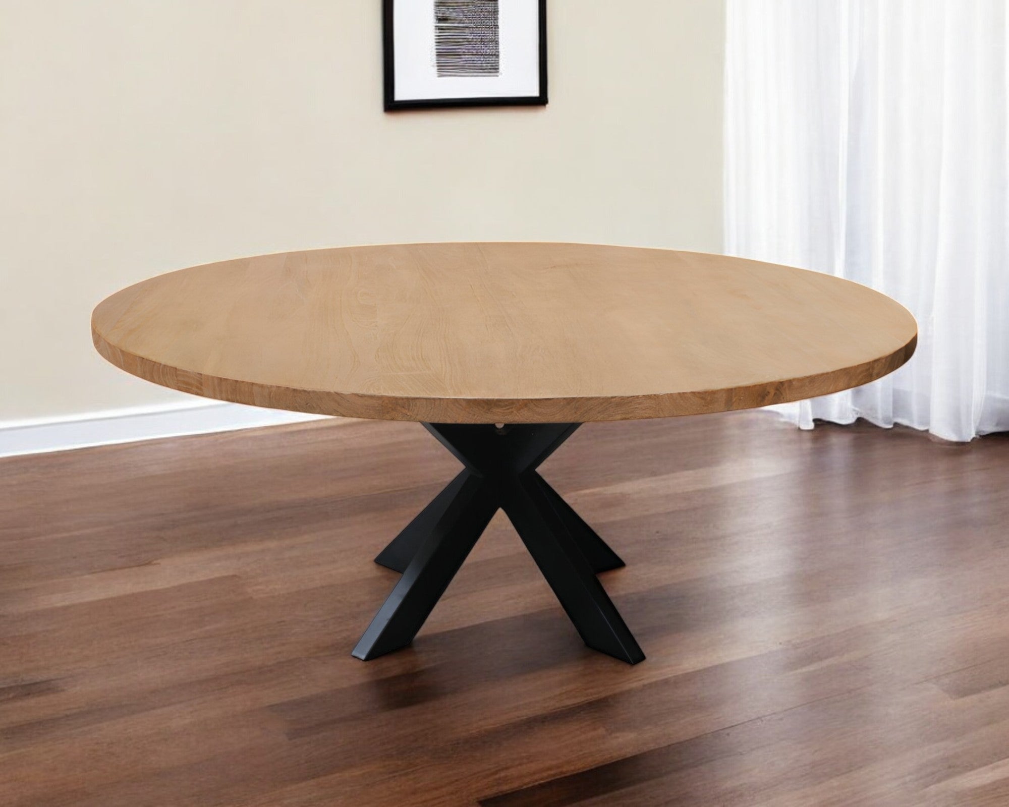 60" Natural And Black Rounded Solid Wood And Iron Pedestal Base Dining Table-0