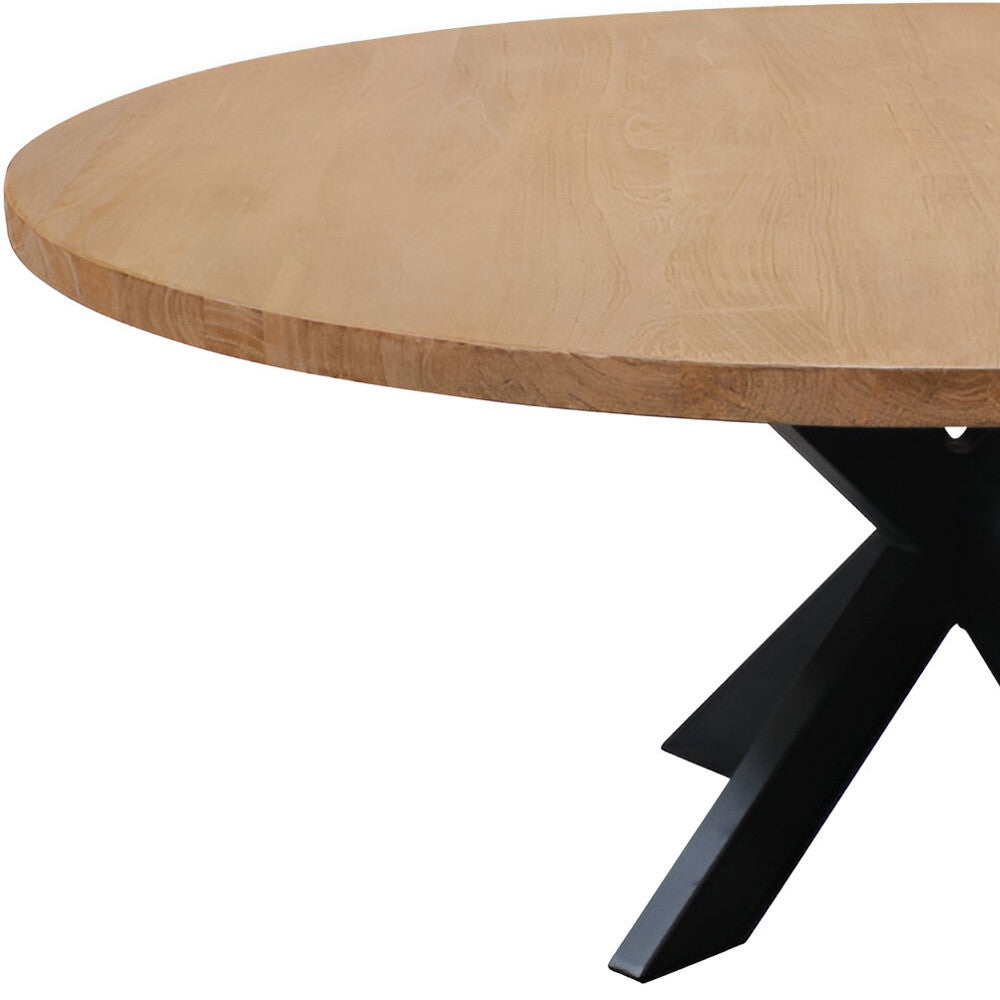 60" Natural And Black Rounded Solid Wood And Iron Pedestal Base Dining Table-6