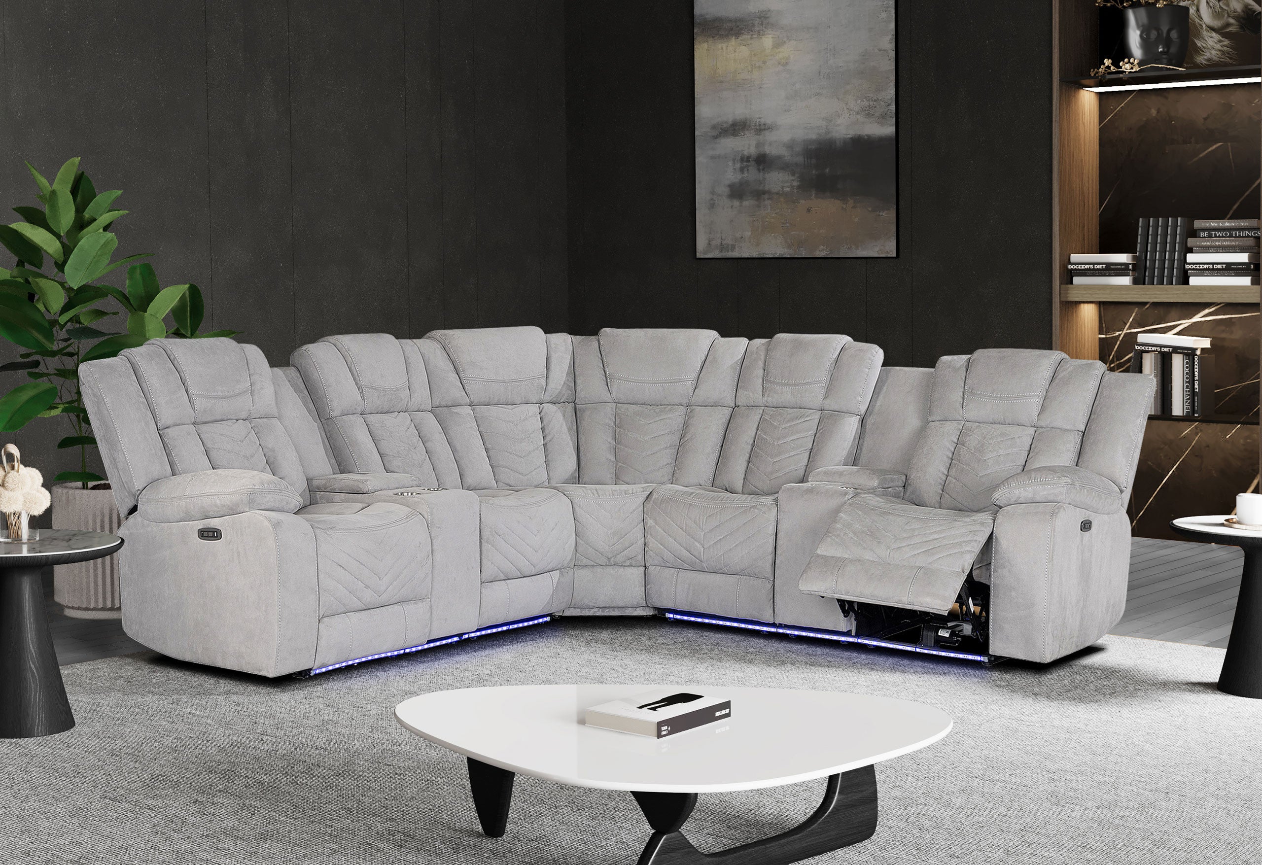 Light Gray Fabric Power Reclining Curved Corner Sectional With Console-7