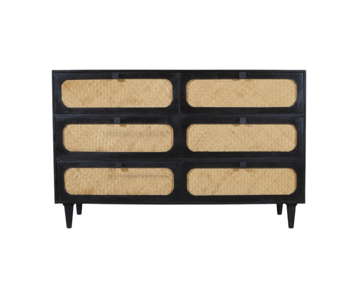 56" Black And Natural Solid Wood And Rattan Six Drawer Double Dresser-3
