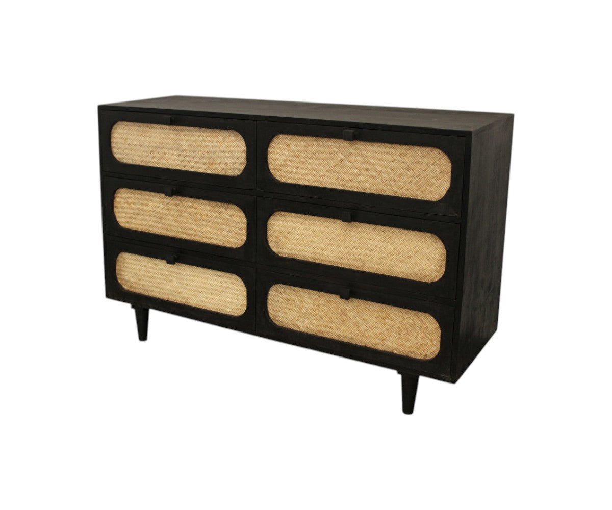 56" Black And Natural Solid Wood And Rattan Six Drawer Double Dresser-2