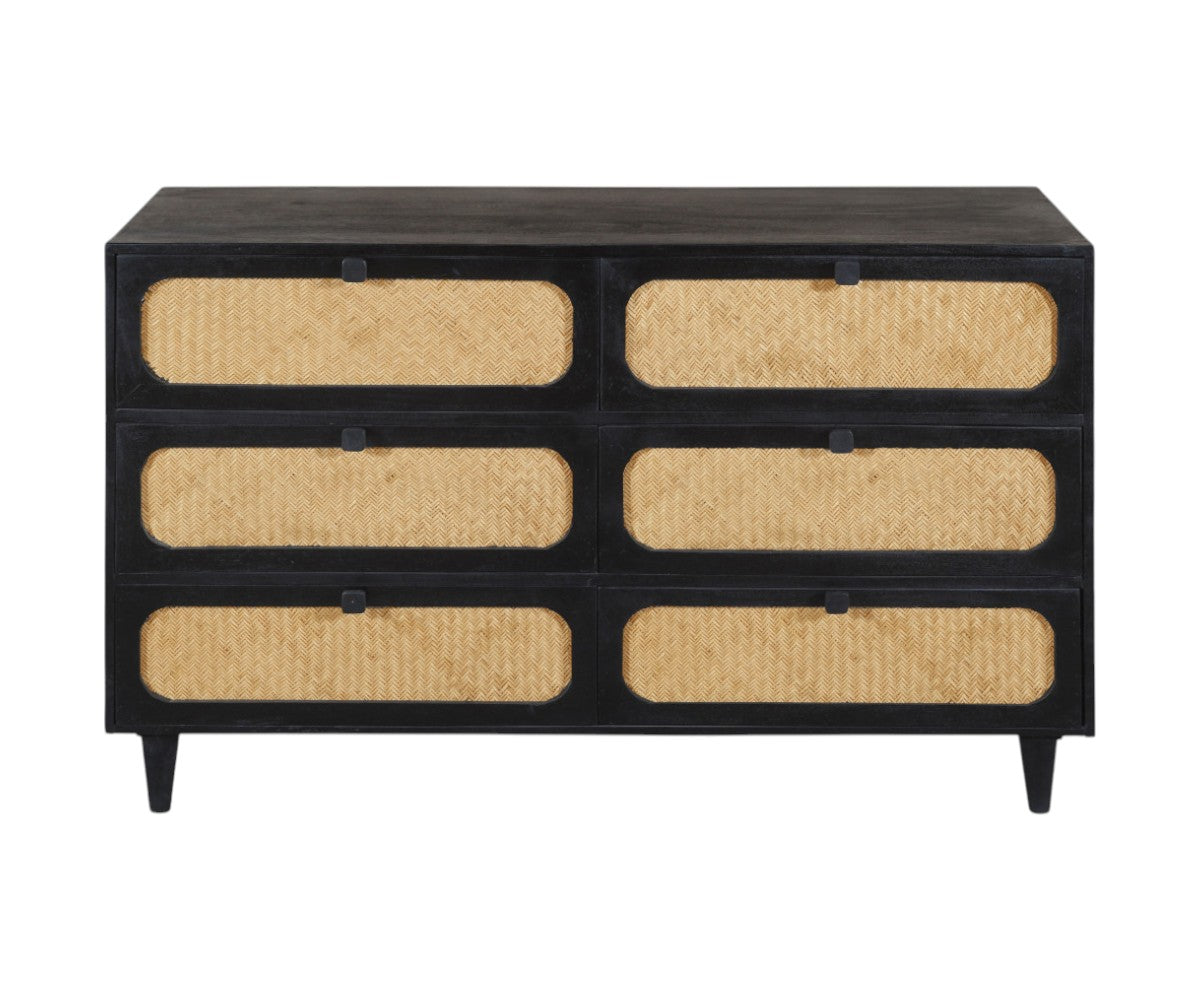 56" Black And Natural Solid Wood And Rattan Six Drawer Double Dresser-1