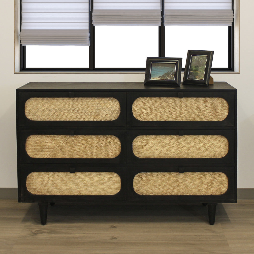 56" Black And Natural Solid Wood And Rattan Six Drawer Double Dresser-7
