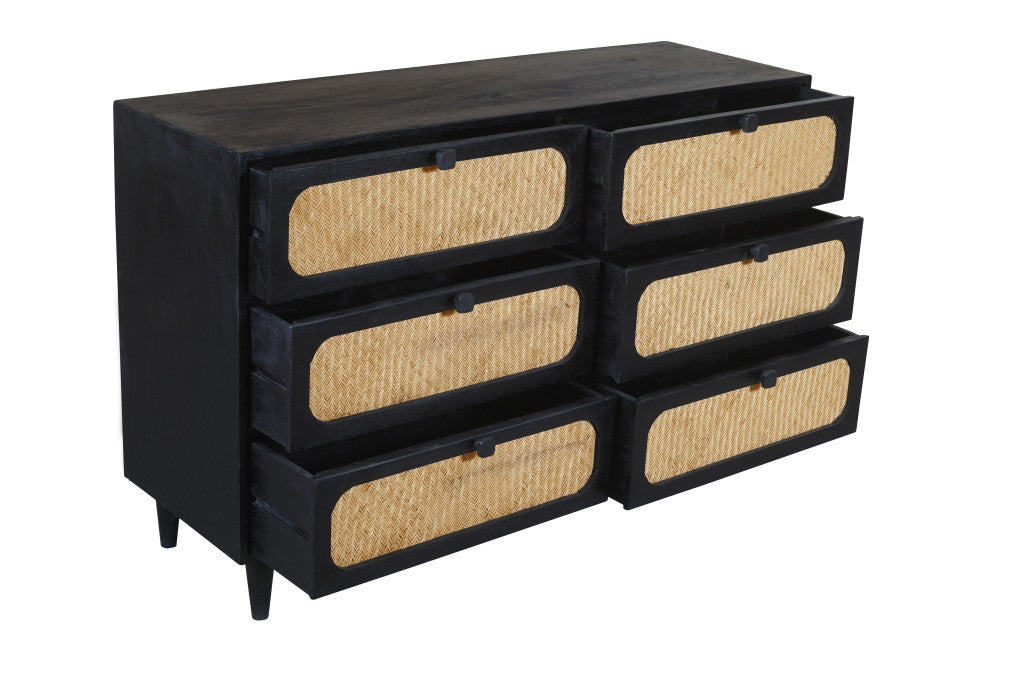 56" Black And Natural Solid Wood And Rattan Six Drawer Double Dresser-5