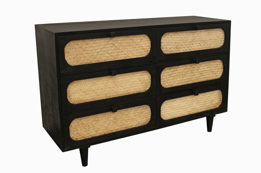 56" Black And Natural Solid Wood And Rattan Six Drawer Double Dresser-4