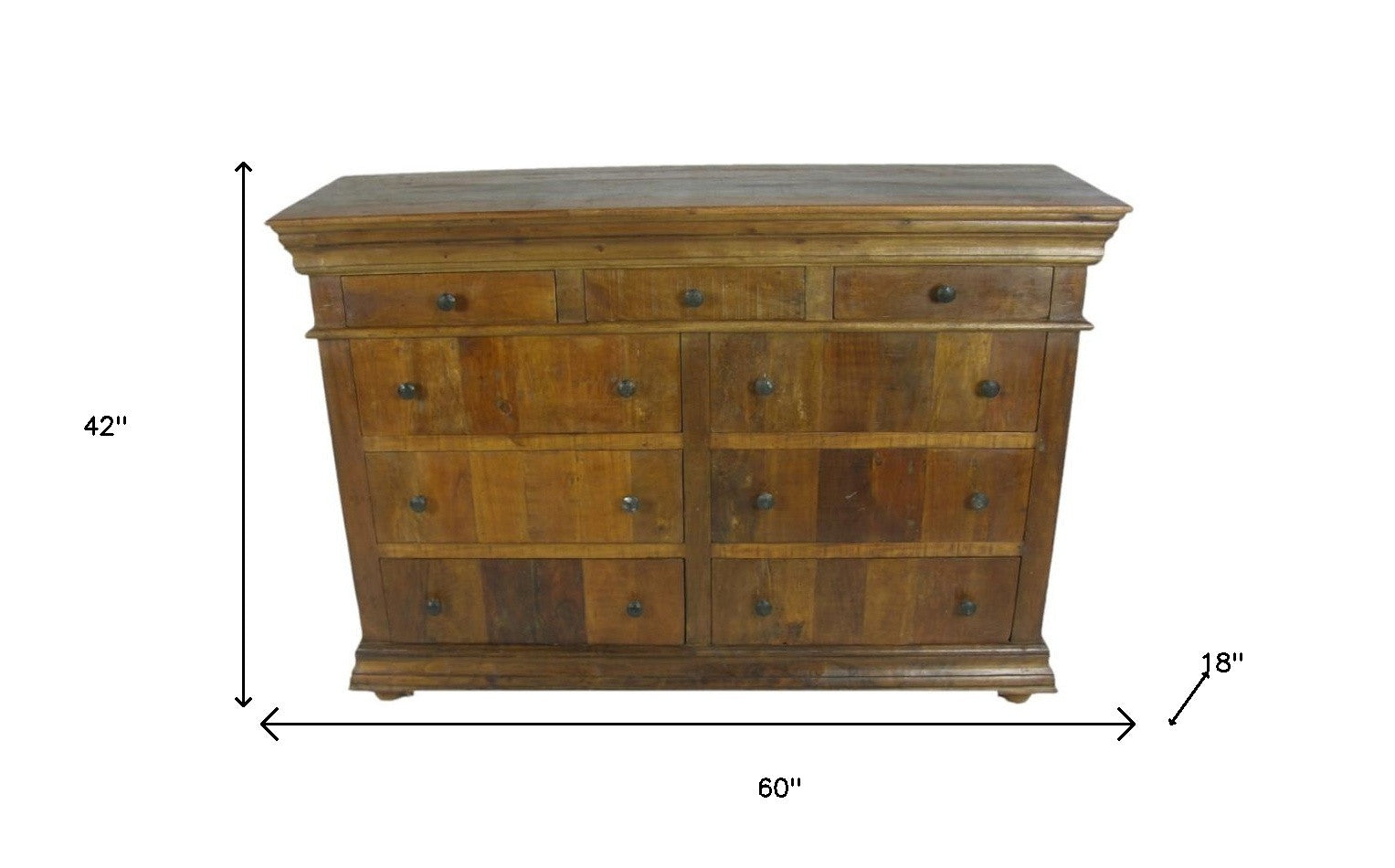 60" Brown Reclaimed Wood Nine Drawer Double Dresser-4