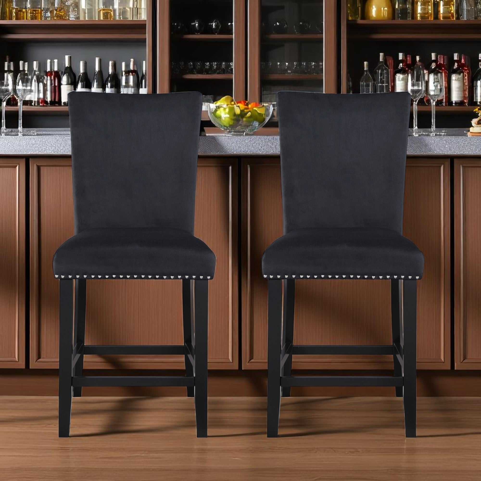 Set of Two 25" Black Wood and Velvet Counter Height Bar Chairs-0