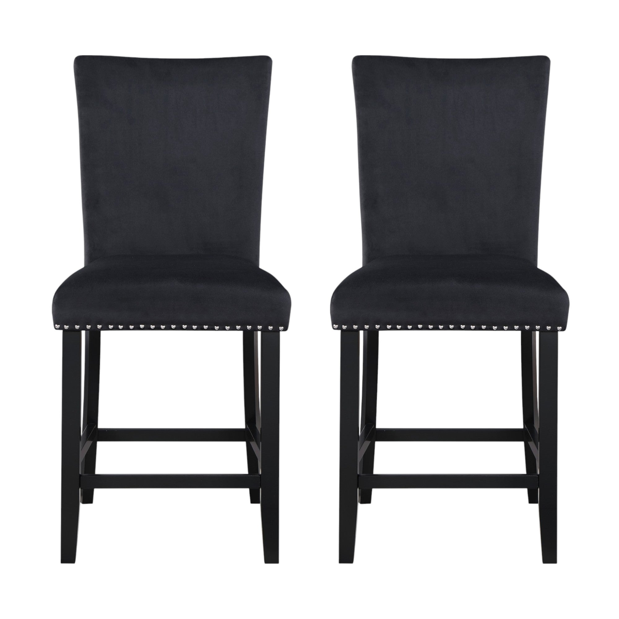 Set of Two 25" Black Wood and Velvet Counter Height Bar Chairs-1