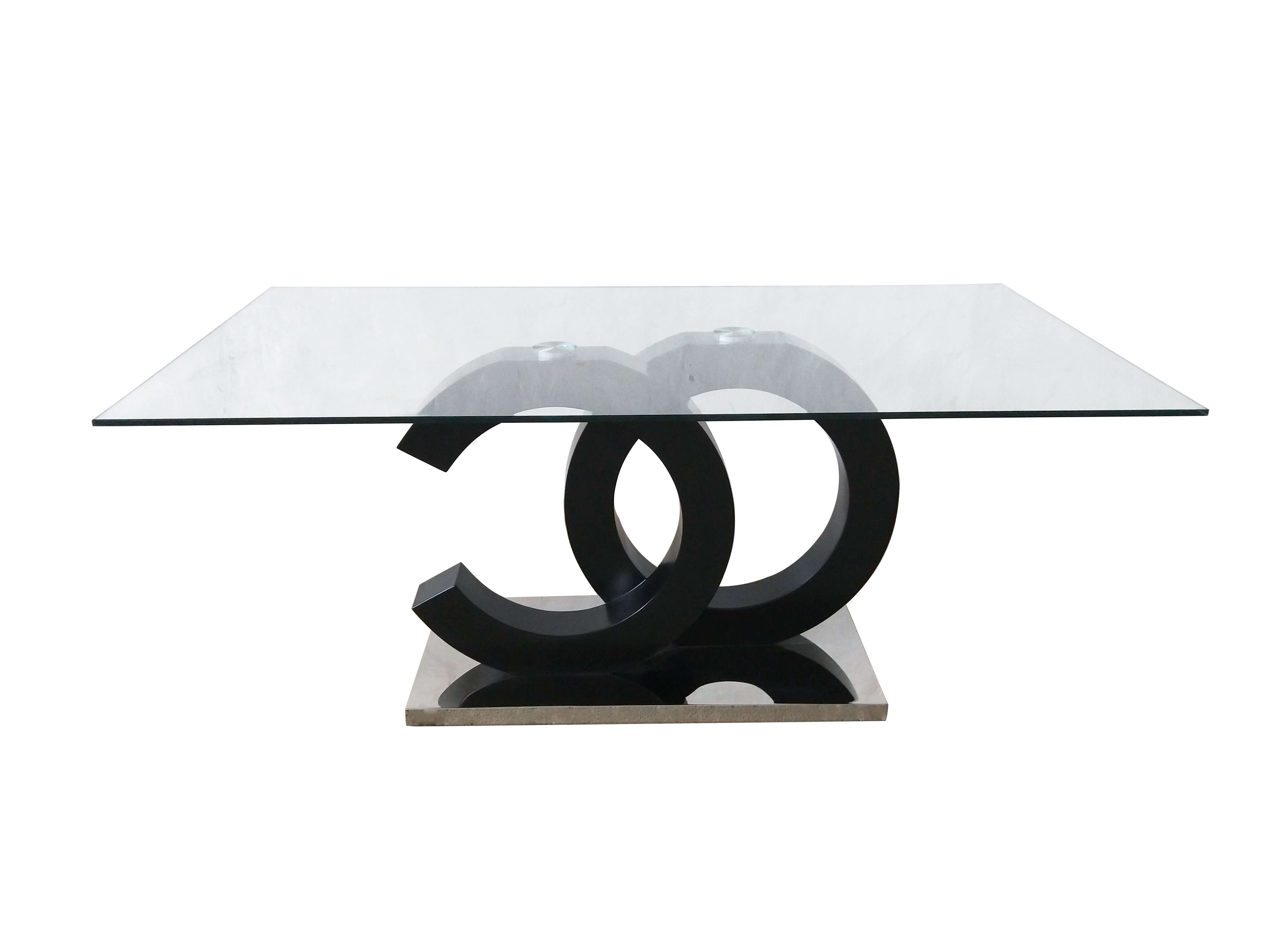 71" Clear and Silver Glass Wood and Stainless Steel Pedestal Base Dining Table-3