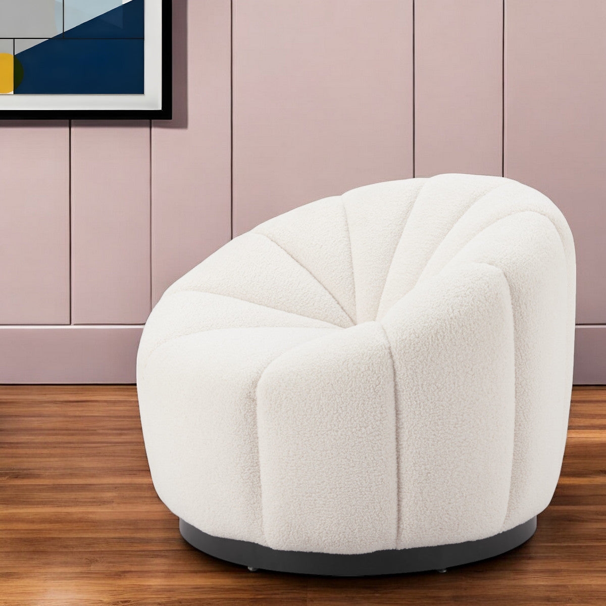 36" Cream And Black Faux Shearling And Upholstered Barrel Chair-1