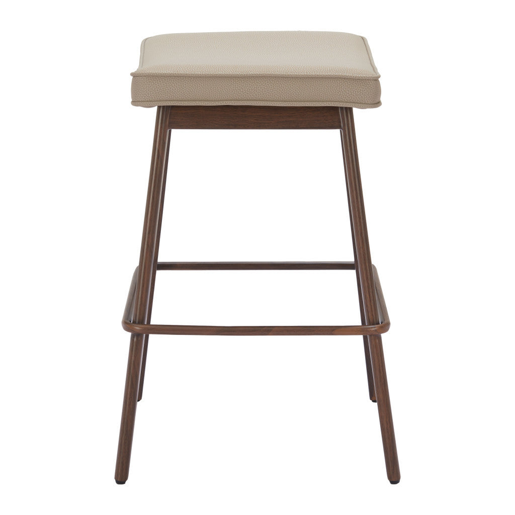 Set of Two 27" Beige and Walnut Faux Leather and Steel Backless Counter Height Bar Chairs-4