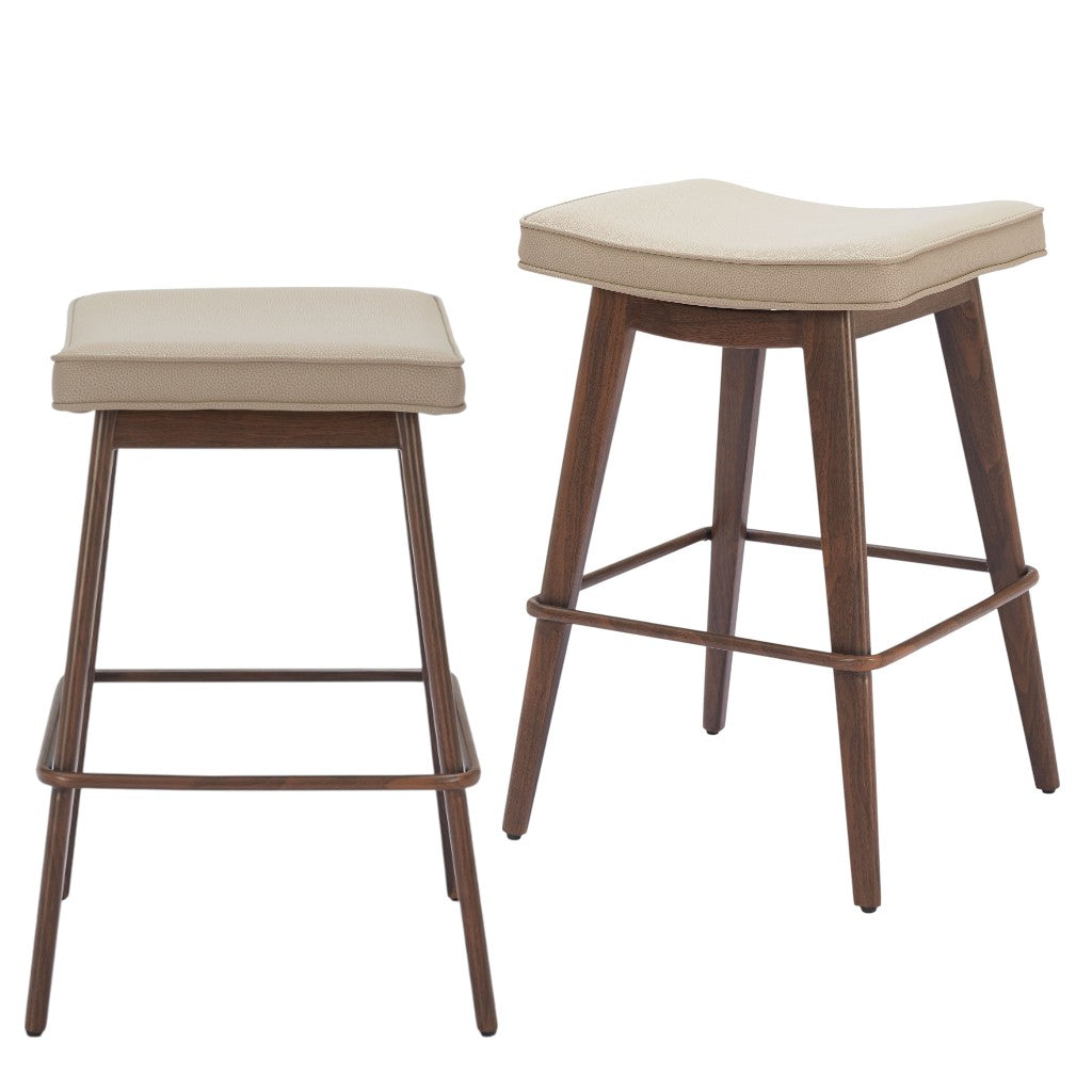 Set of Two 27" Beige and Walnut Faux Leather and Steel Backless Counter Height Bar Chairs-7