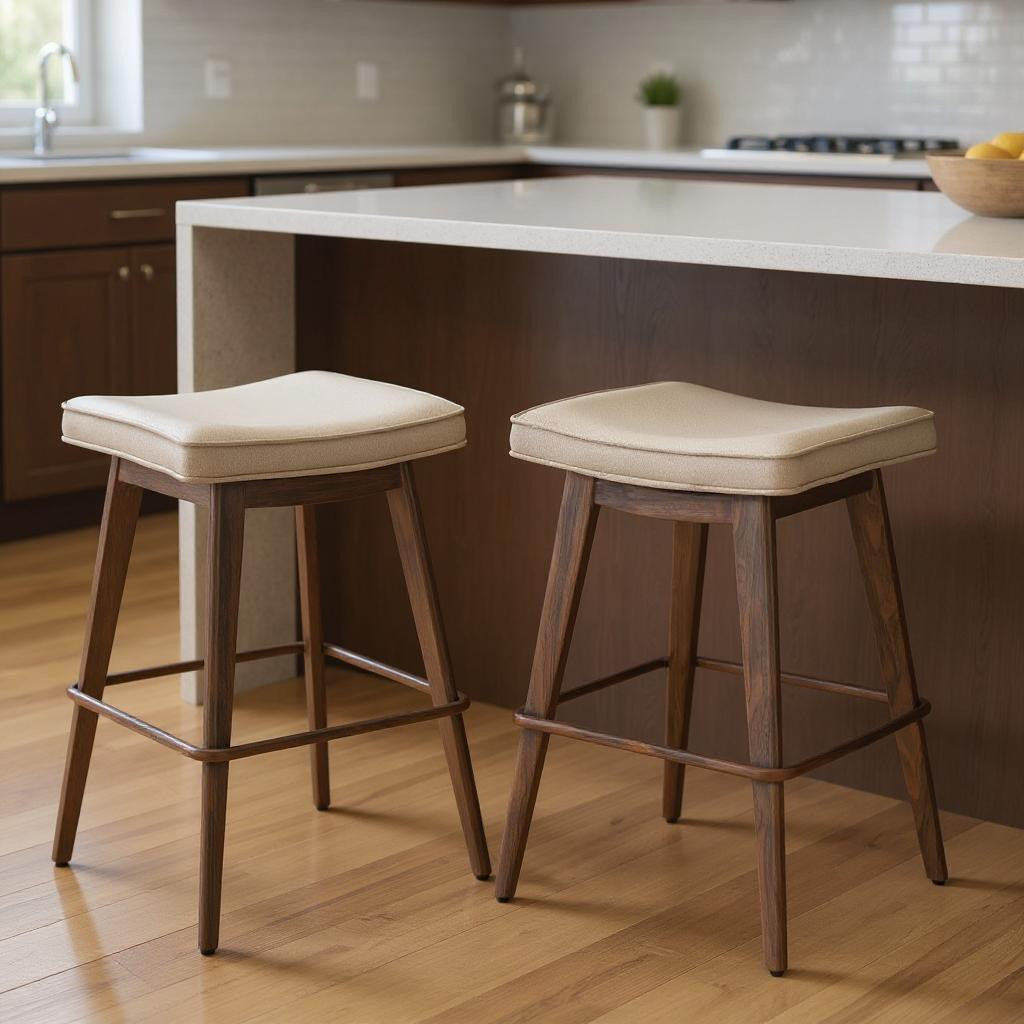 Set of Two 27" Beige and Walnut Faux Leather and Steel Backless Counter Height Bar Chairs-0