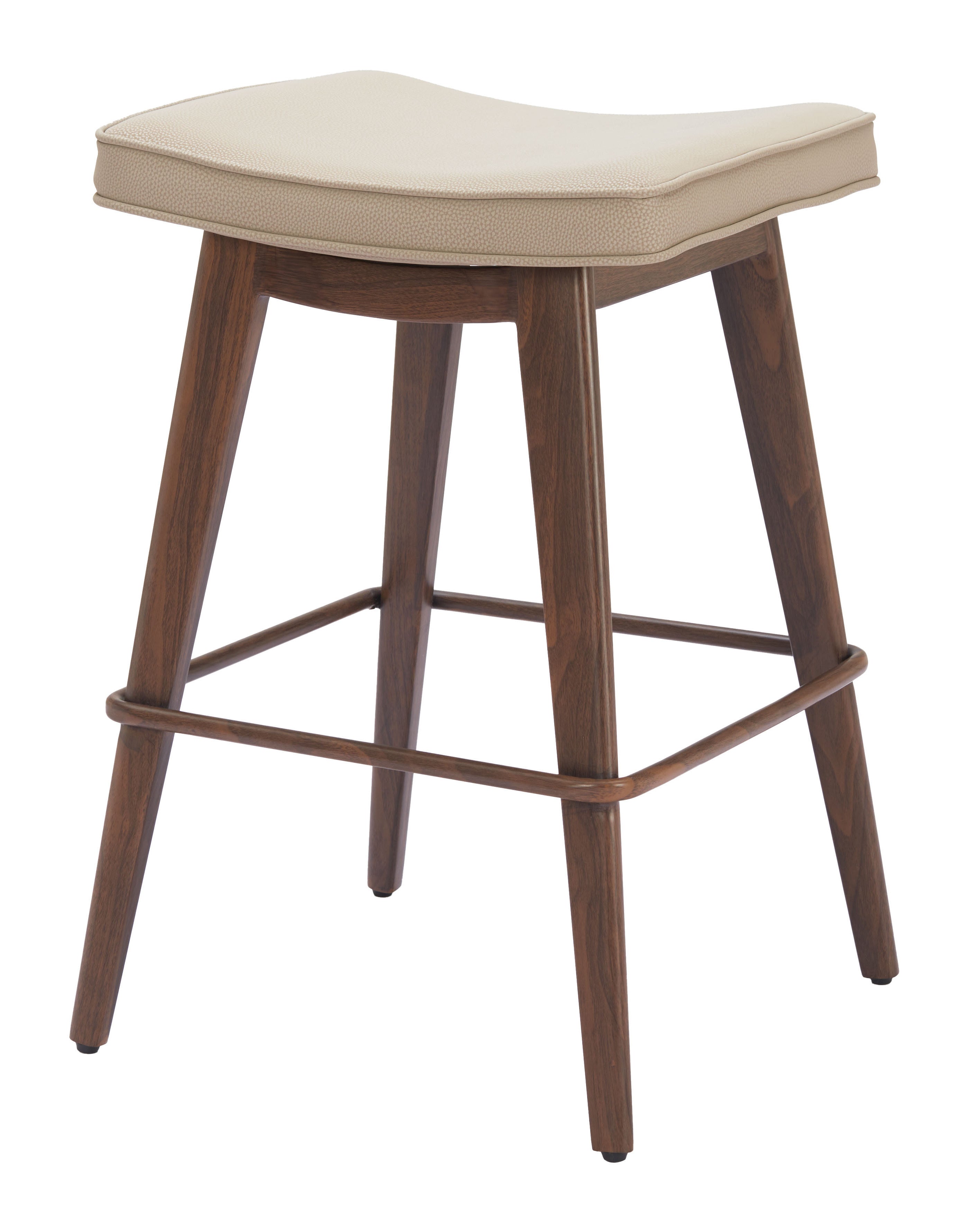 Set of Two 27" Beige and Walnut Faux Leather and Steel Backless Counter Height Bar Chairs-1