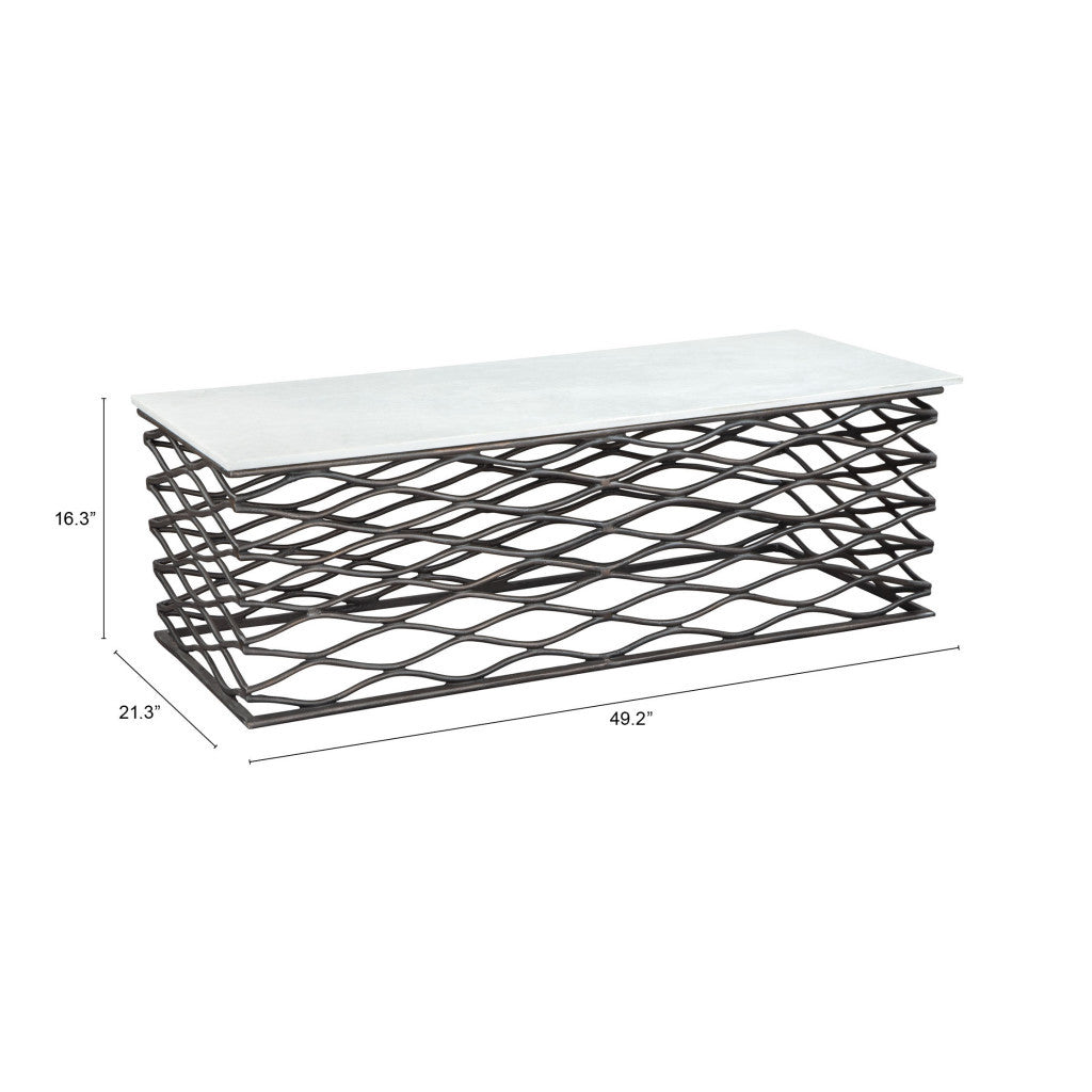 50" White and Antiqued Bronze Genuine Marble and Aluminum Abstract Coffee Table-7