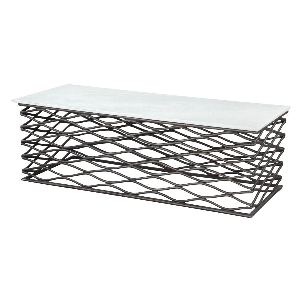 50" White and Antiqued Bronze Genuine Marble and Aluminum Abstract Coffee Table-5