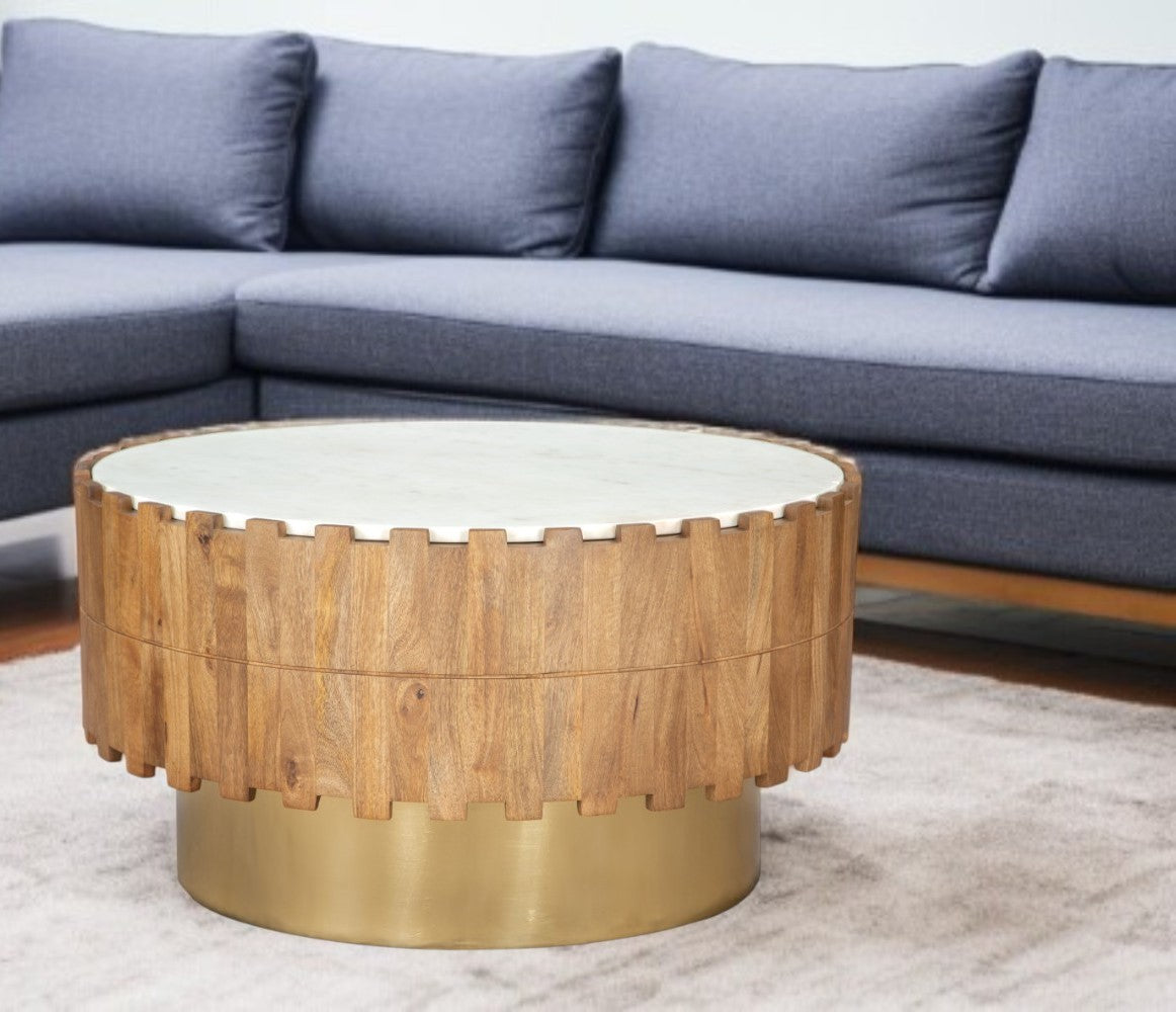 31" Gold Natural And White Iron Wood And Faux Marble Round Block Coffee Table-1