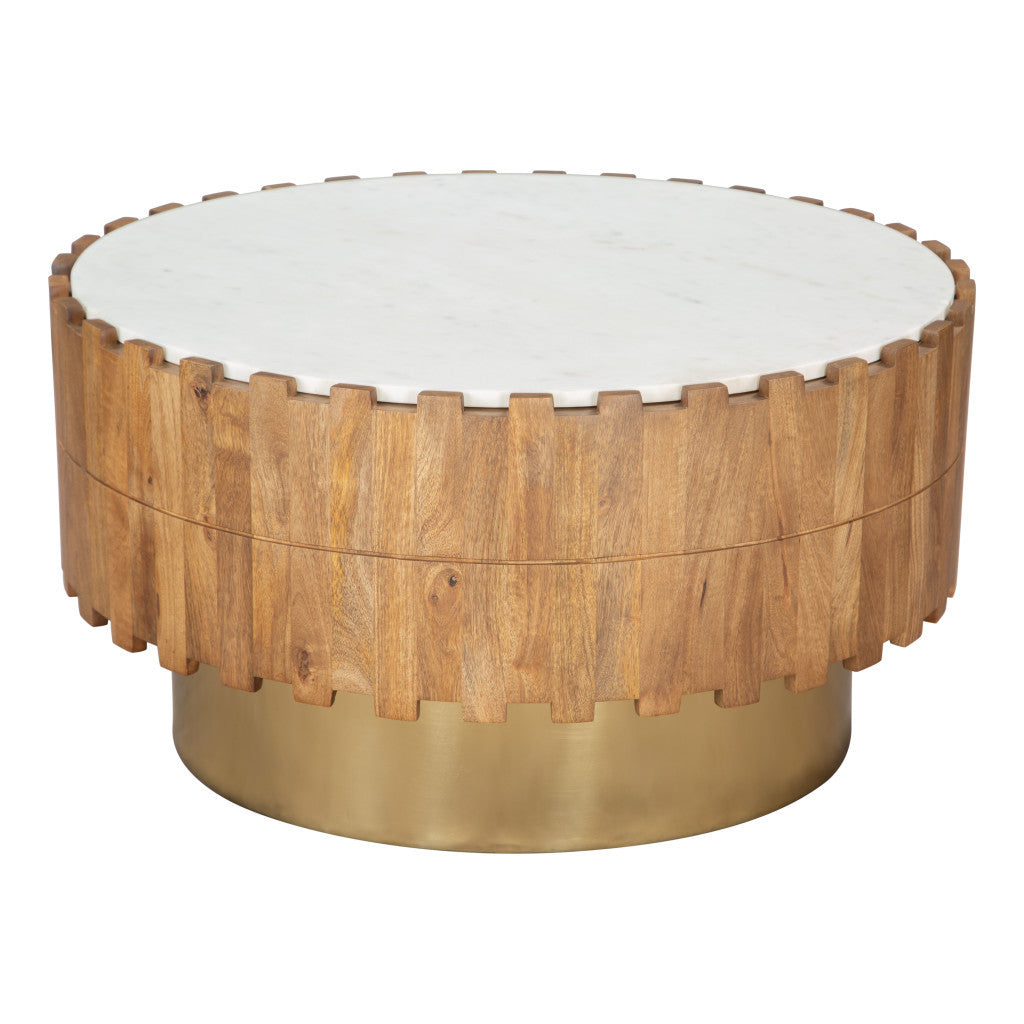 31" Gold Natural And White Iron Wood And Faux Marble Round Block Coffee Table-3