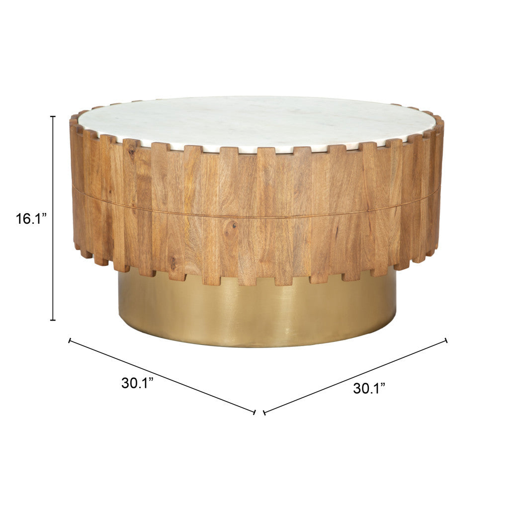 31" Gold Natural And White Iron Wood And Faux Marble Round Block Coffee Table-7