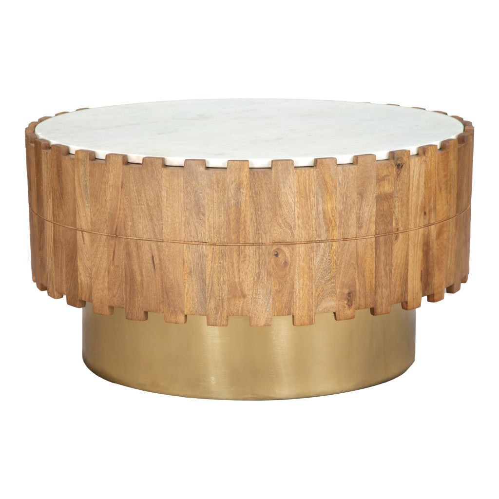 31" Gold Natural And White Iron Wood And Faux Marble Round Block Coffee Table-4