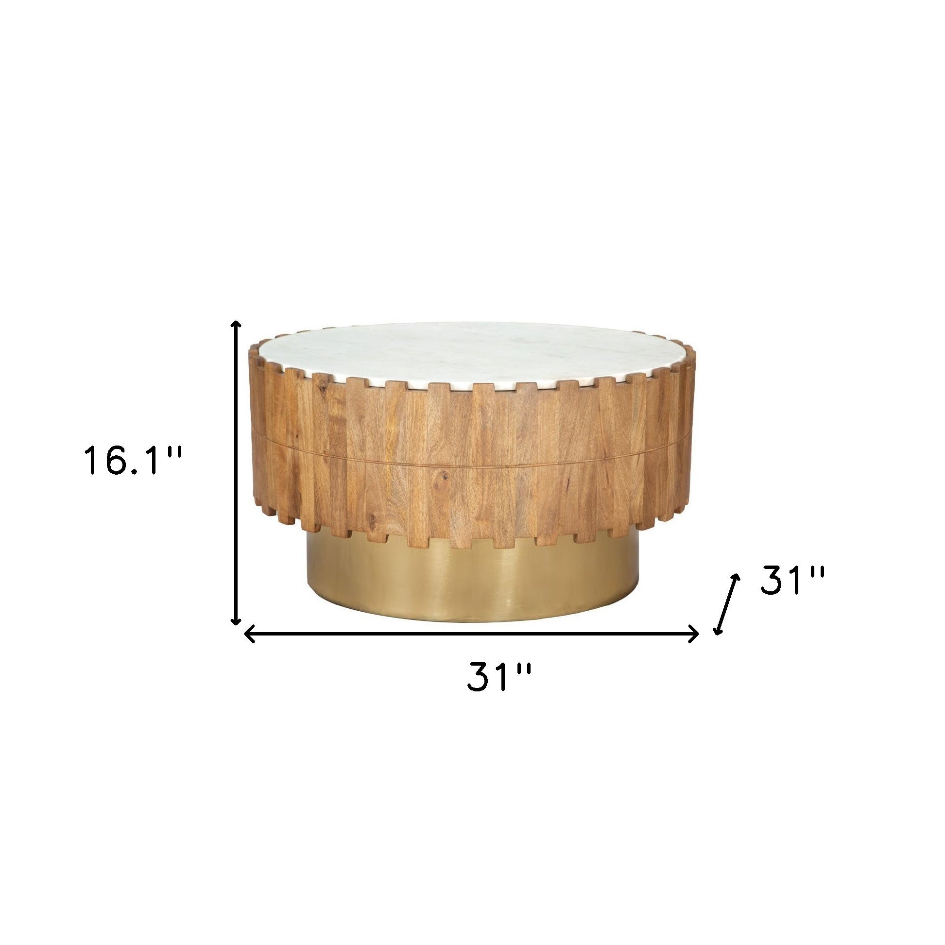 31" Gold Natural And White Iron Wood And Faux Marble Round Block Coffee Table-8