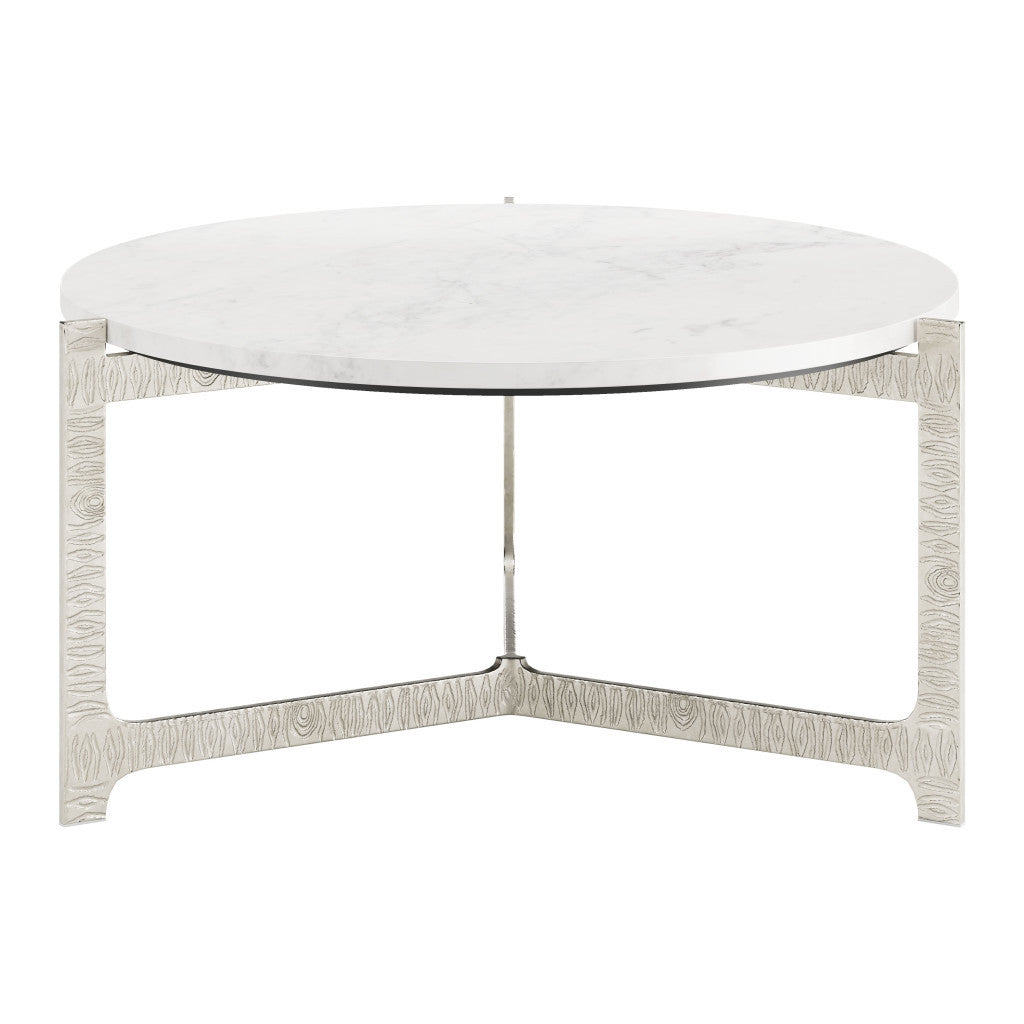 30" White and Silver Genuine Marble and Aluminum Round Cross Legs Coffee Table-2