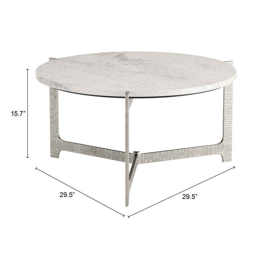 30" White and Silver Genuine Marble and Aluminum Round Cross Legs Coffee Table-7