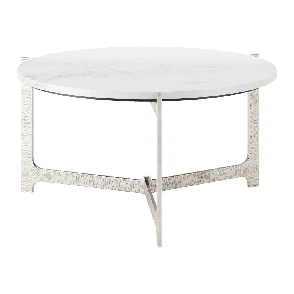 30" White and Silver Genuine Marble and Aluminum Round Cross Legs Coffee Table-5