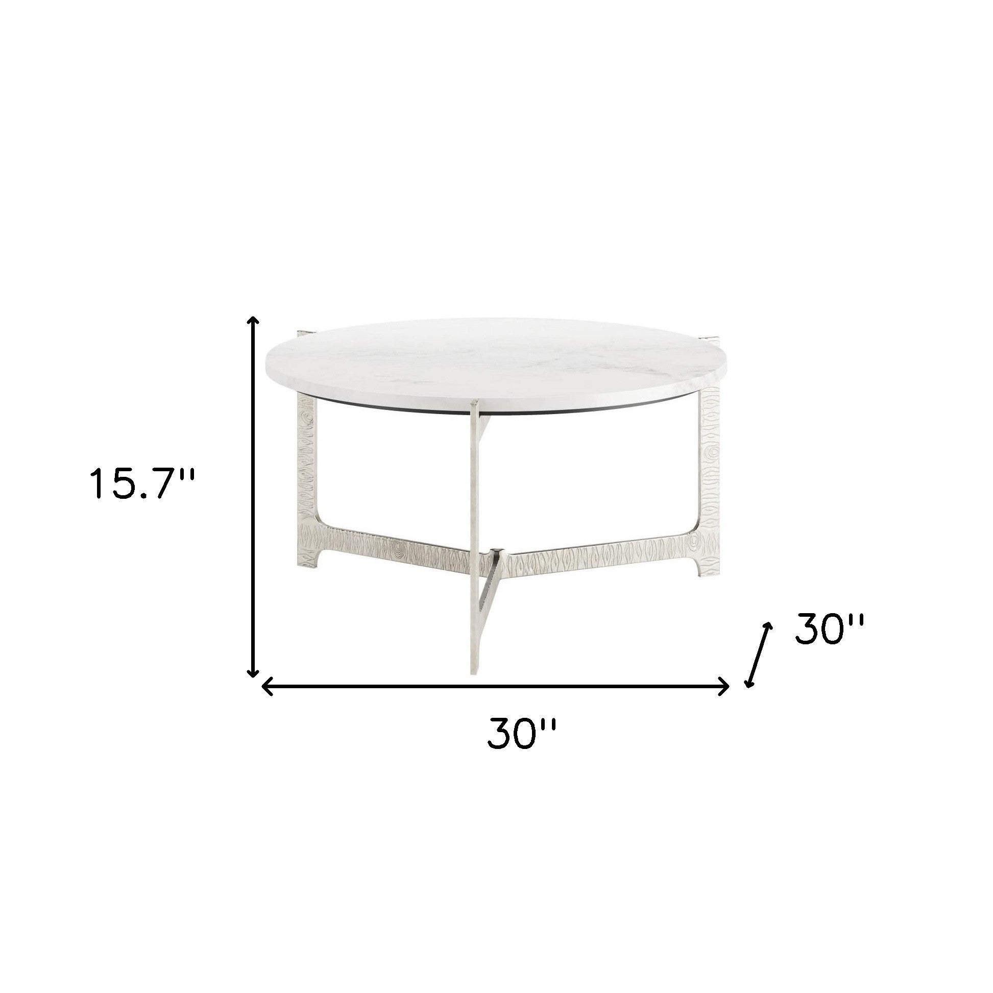 30" White and Silver Genuine Marble and Aluminum Round Cross Legs Coffee Table-8