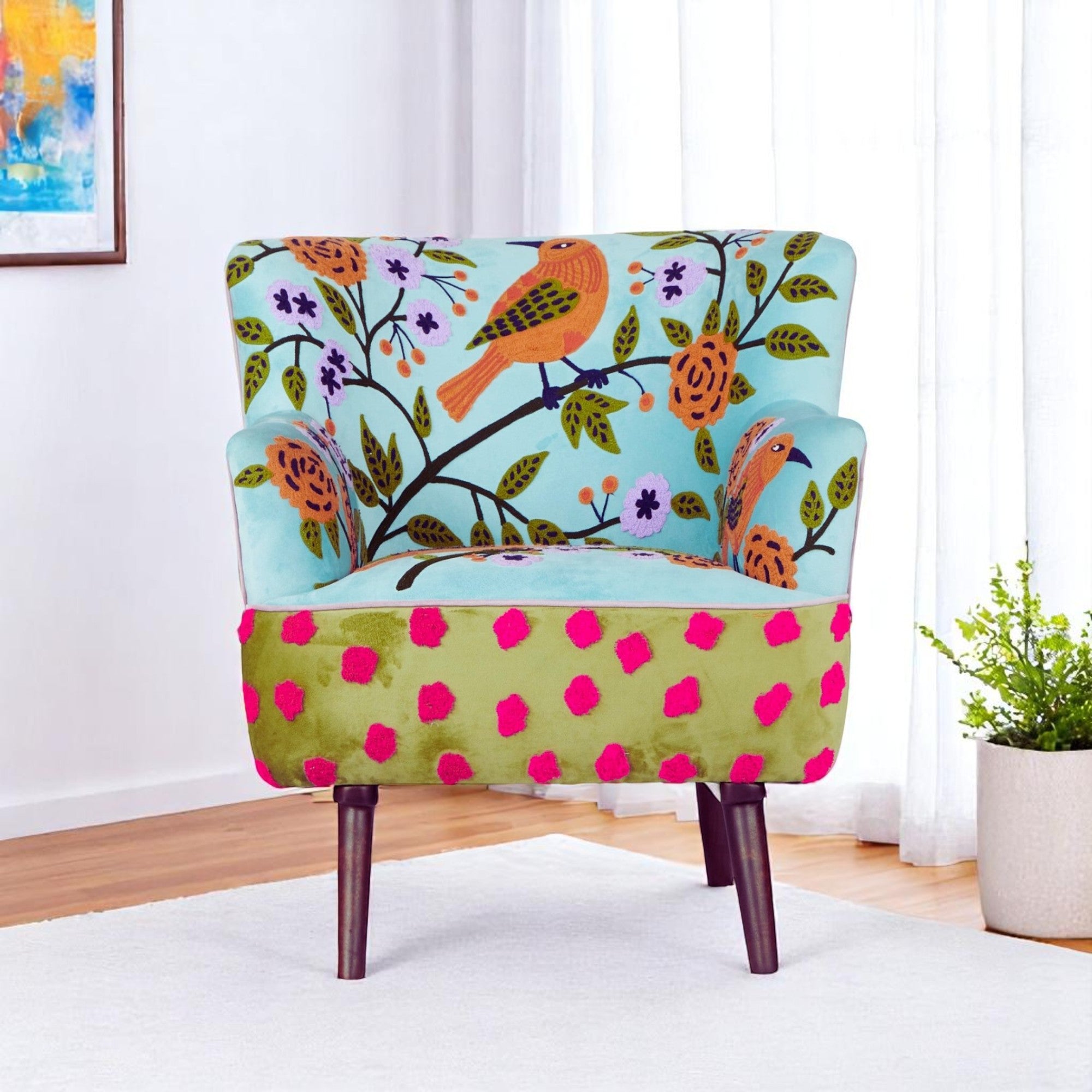 32" Blue Green Orange and Pink Fabric and Solid Wood Floral Arm Chair-0