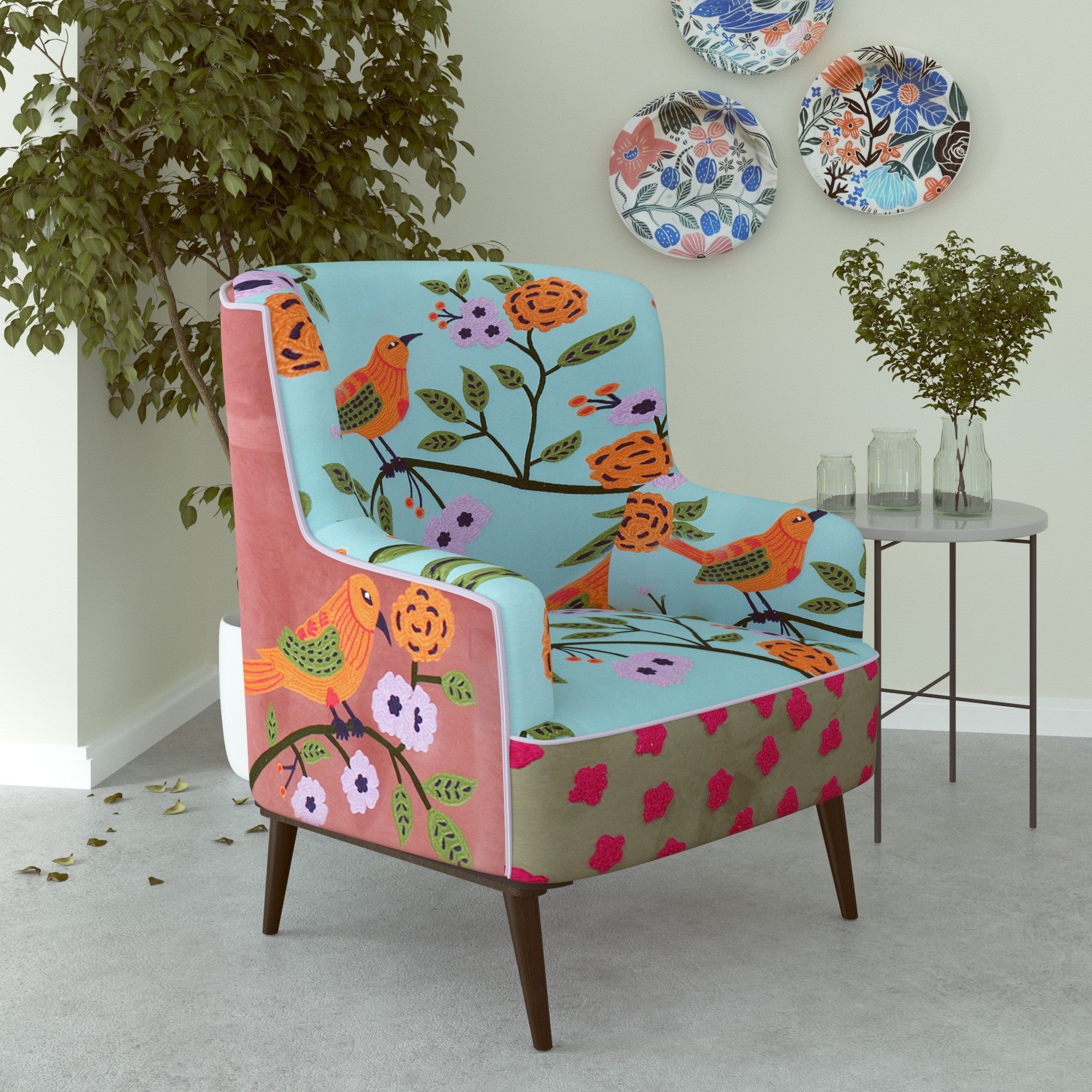 32" Blue Green Orange and Pink Fabric and Solid Wood Floral Arm Chair-8